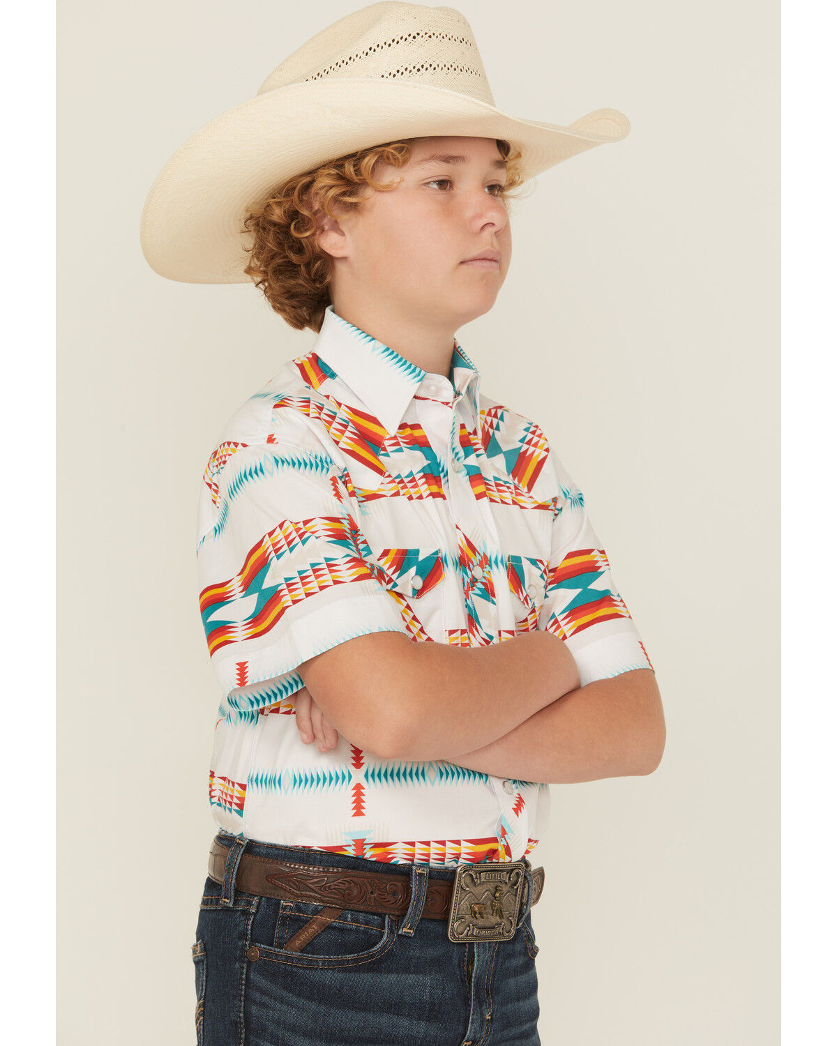 Image #2 - Rock & Roll Denim Boys' Southwestern Print Short Sleeve Pearl Snap Western Shirt, White, hi-res