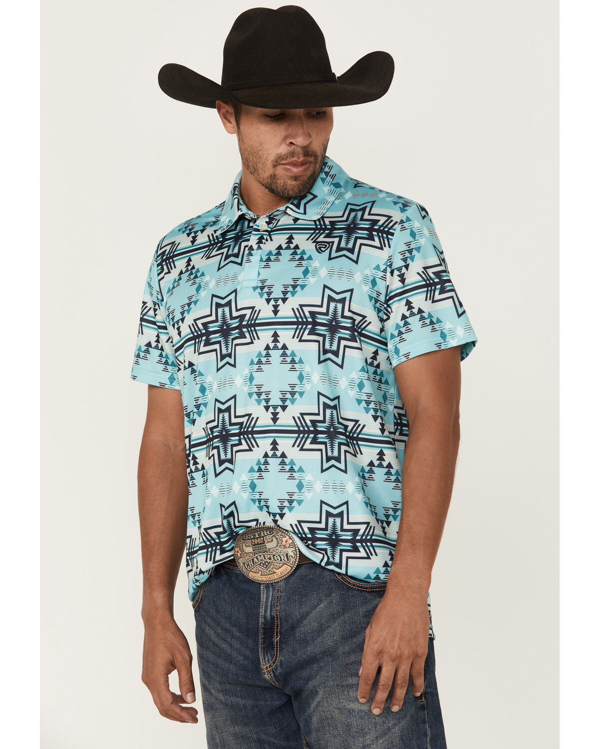 Image #1 - Rock & Roll Denim Men's Boot Barn Exclusive Southwestern Print Short Sleeve Polo Shirt, Teal, hi-res
