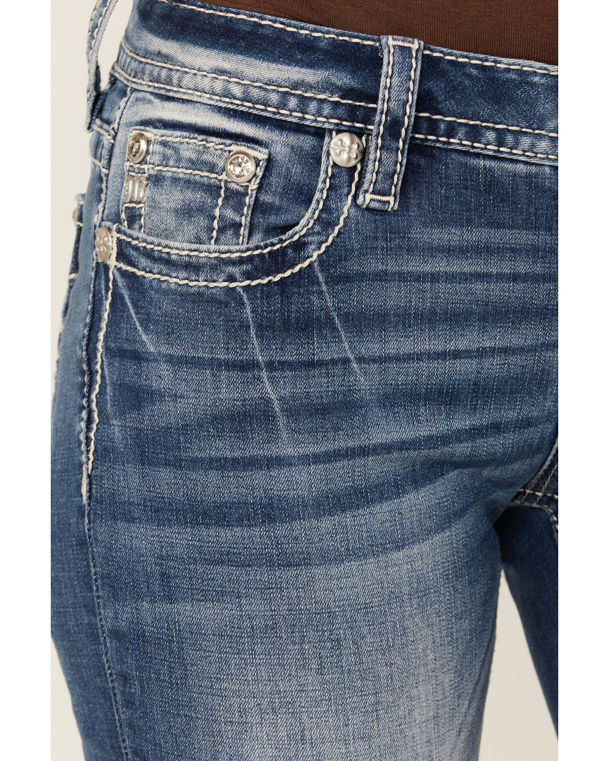 Image #4 - Miss Me Women's Medium Wash Floral Border Pocket Bootcut Stretch Denim Jeans, Medium Wash, hi-res