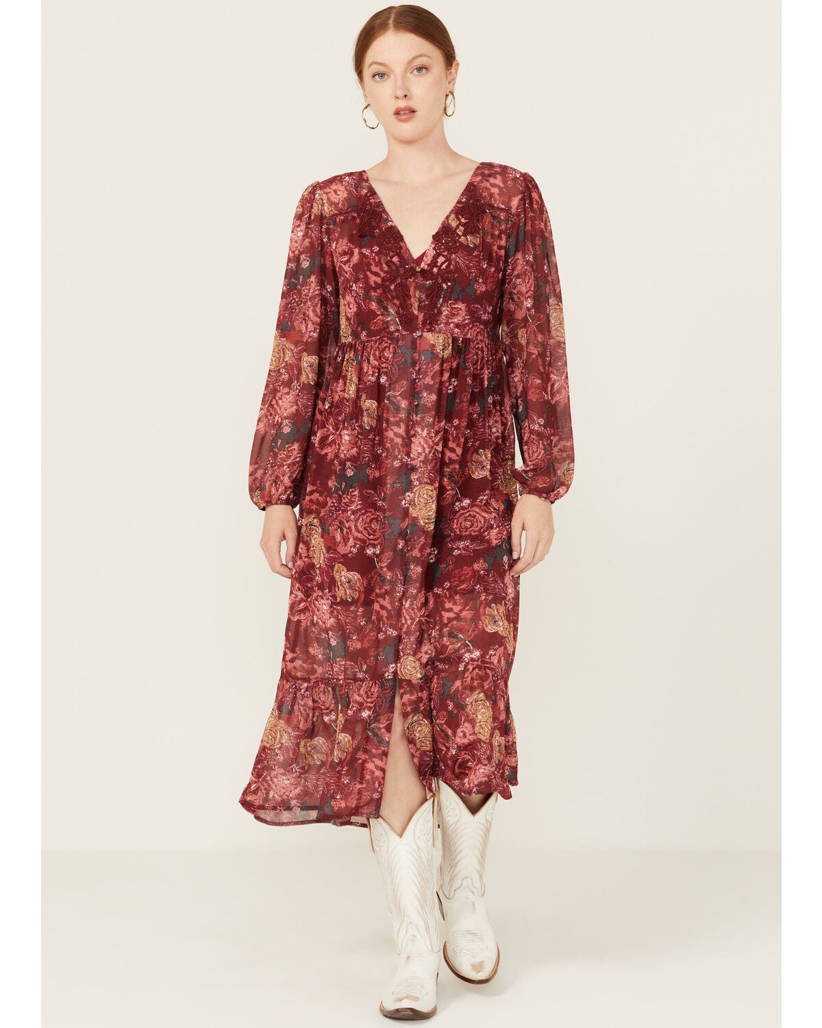 Beyond The Radar Women's Floral Print Crochet Trim Midi Dress, Multi, hi-res