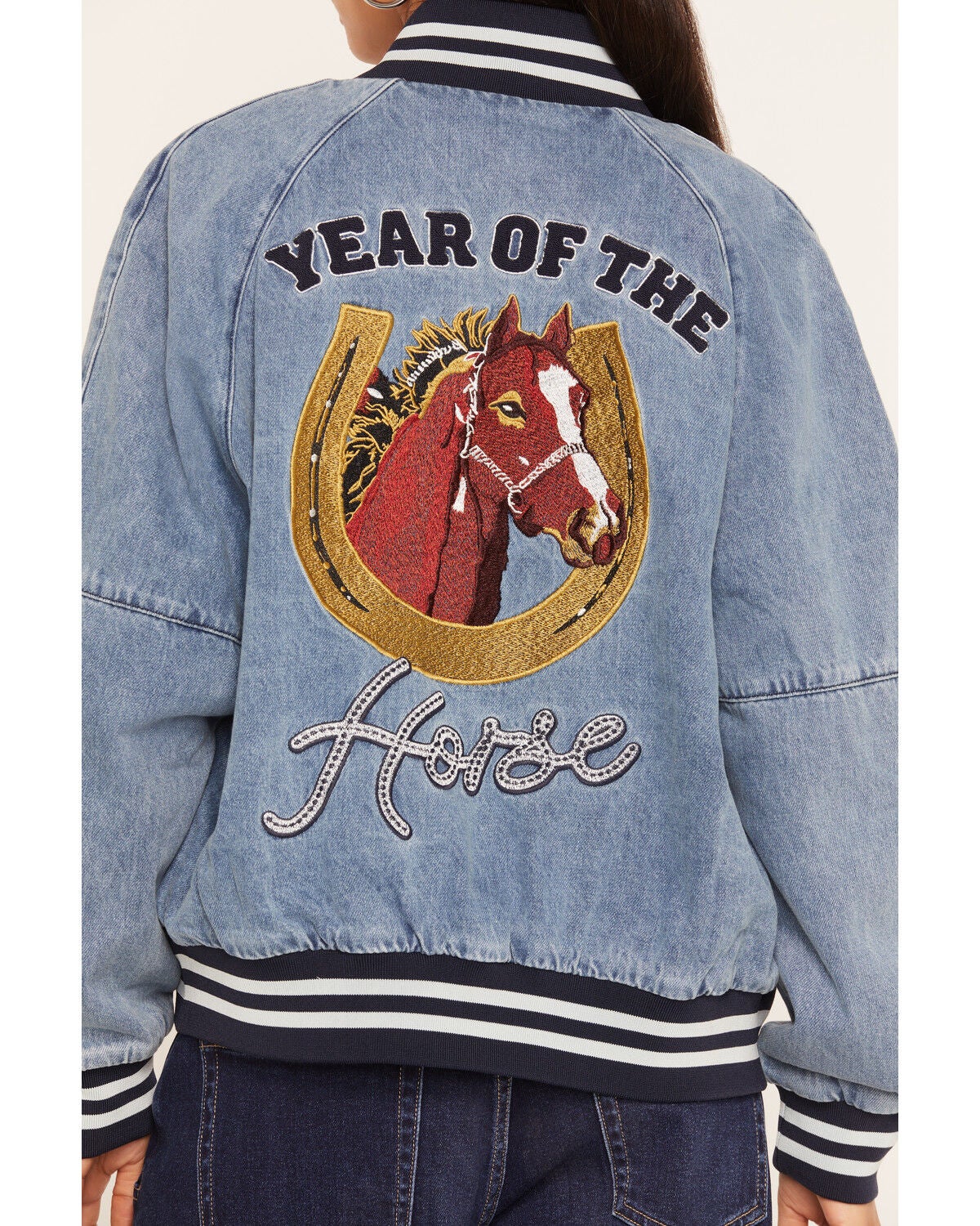 Image #3 - Rodeo Quincy X Boot Barn Women's Year of the Horse Denim Bomber Jacket, Medium Wash, hi-res