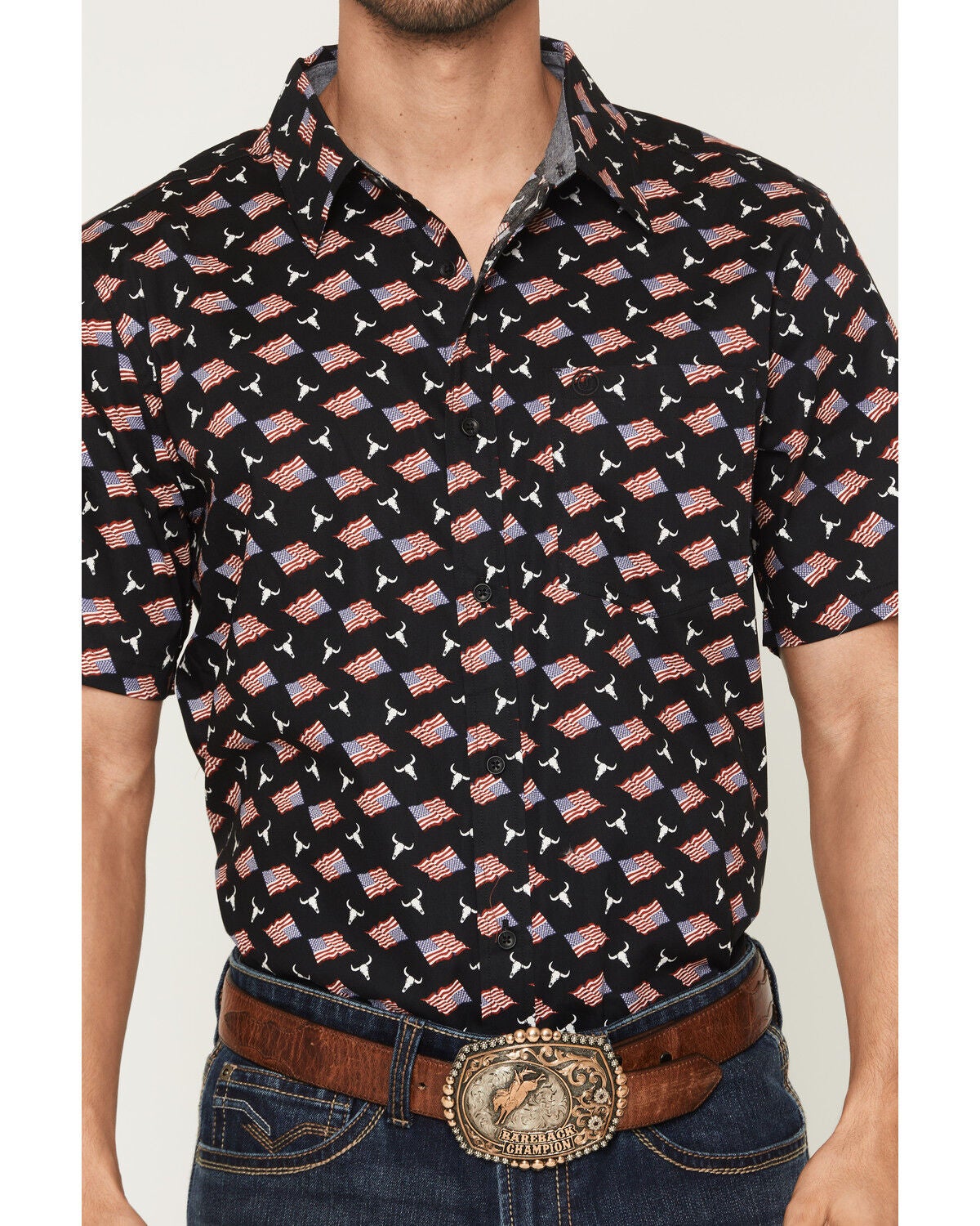 Image #3 - Cody James Men's Stars & Flags Short Sleeve Button-Down Stretch Western Shirt, Black, hi-res