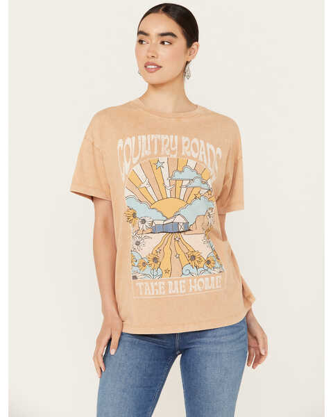 Image #1 - Cleo + Wolf Women's Country Roads Short Sleeve Oversized Graphic Tee, Lt Brown, hi-res