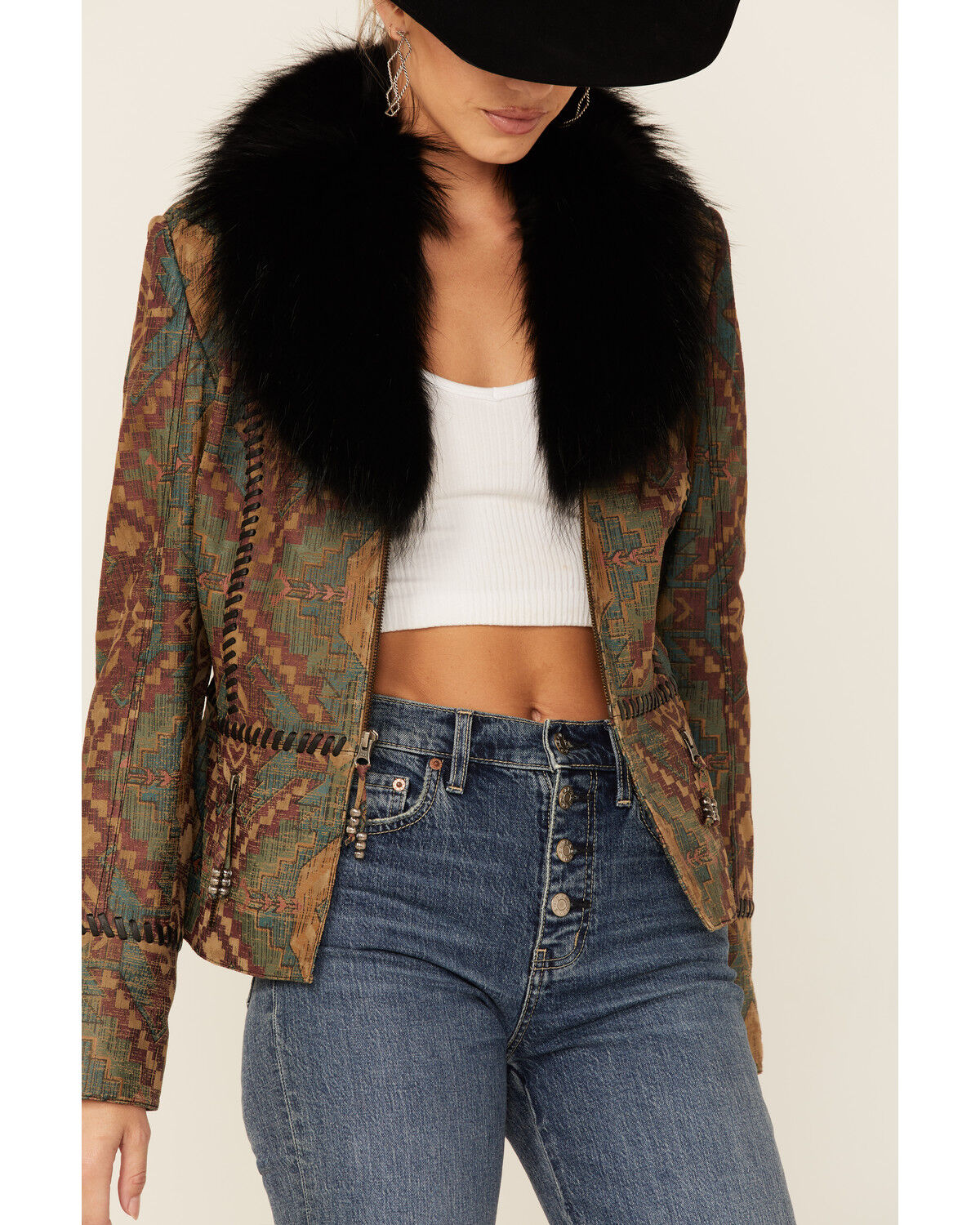 Image #2 - Double D Ranch Women's Top Ridge Weaver Zip-Front Faux Collar Leather Jacket, Multi, hi-res