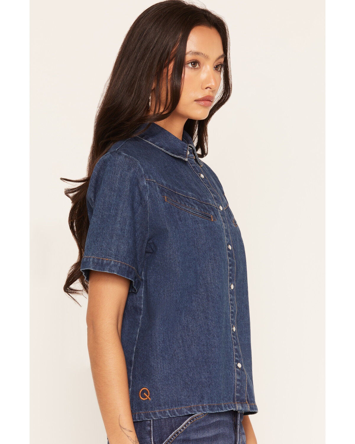 Image #3 - Rodeo Quincy X Boot Barn Women's Arrow Ranch Short Sleeve Denim Embroidered Snap Western Shirt, Dark Wash, hi-res