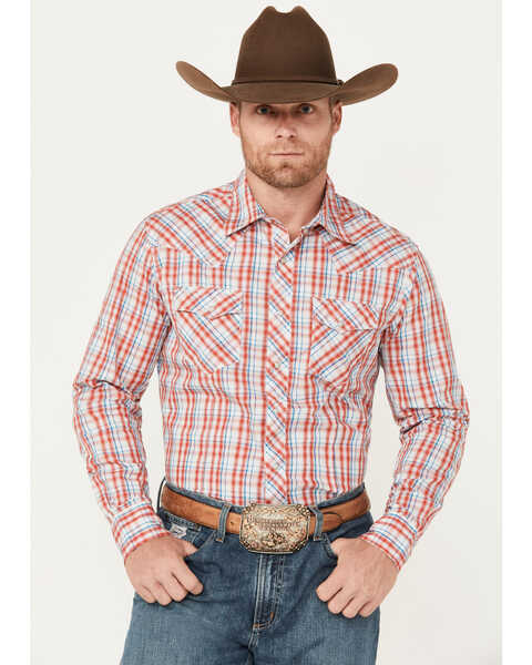 Wrangler Men's Plaid Print Long Sleeve Pearl Snap Western Shirt, Red, hi-res