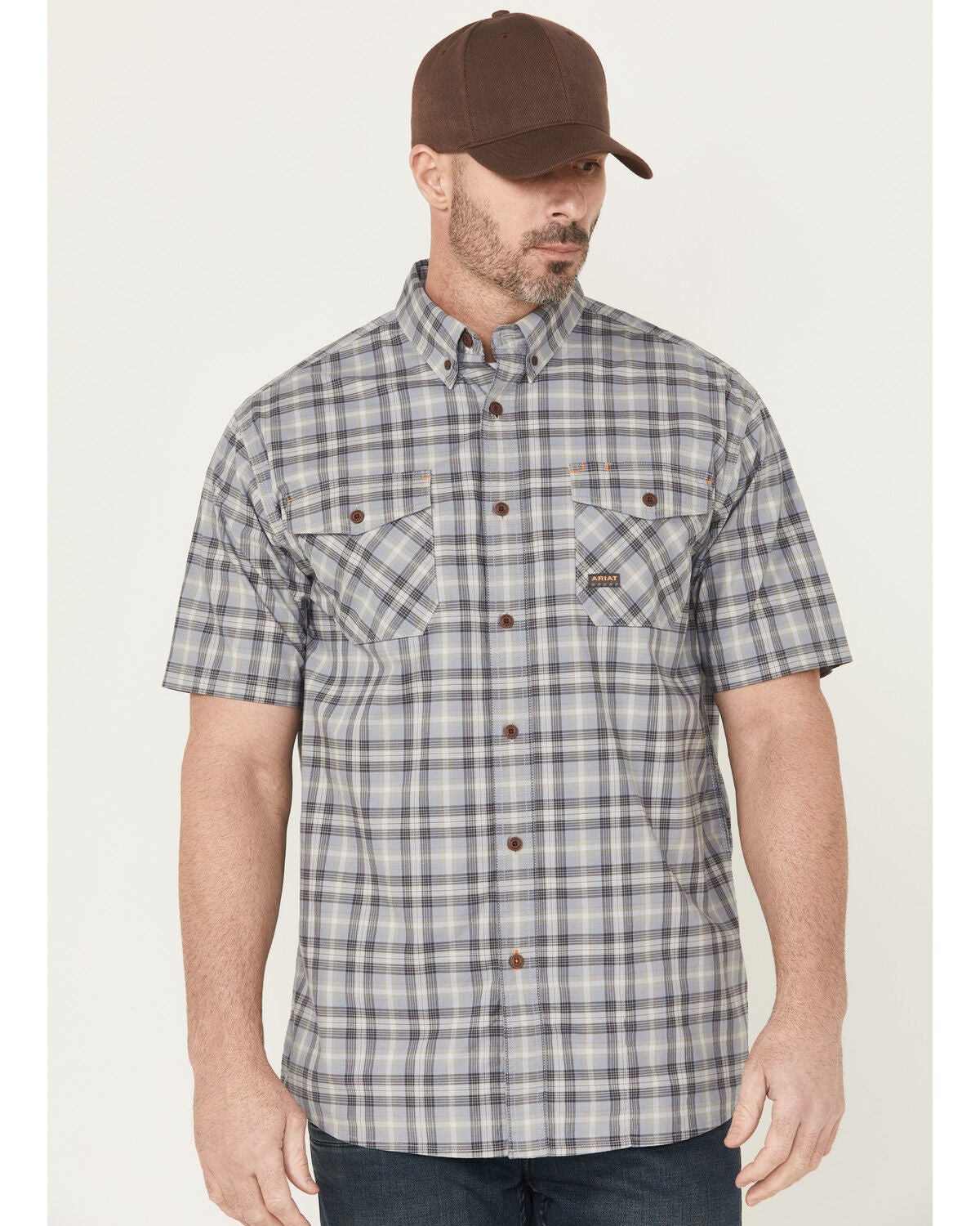 Ariat Men's Rebar Made Tough Short Sleeve Button-Down Stretch Work Shirt, Dark Grey, hi-res