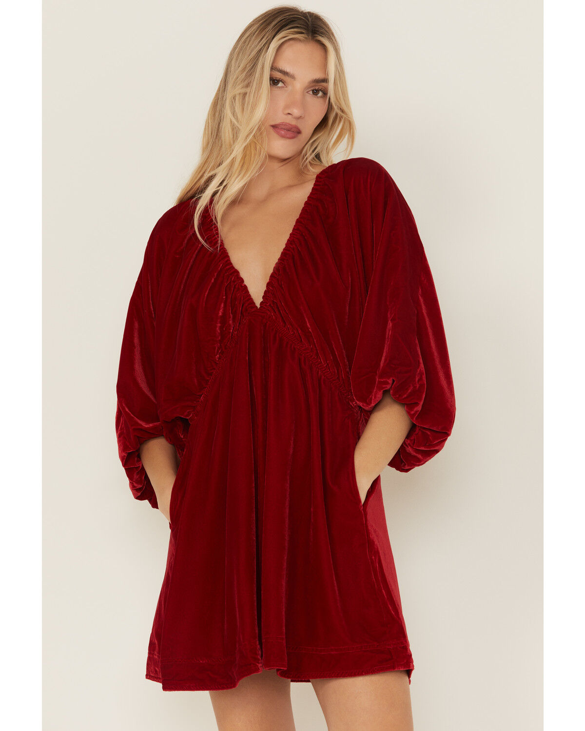 Image #2 - Free People Women's Portia Velvet Long Sleeve Mini Dress, Red, hi-res