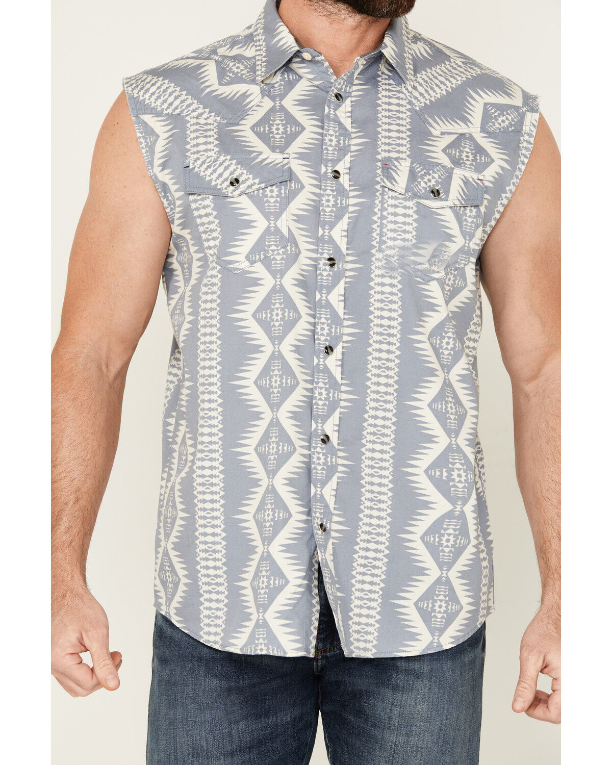 Image #3 - Cody James Men's Blue Sky Southwestern Print Sleeveless Snap Western Shirt, Blue, hi-res