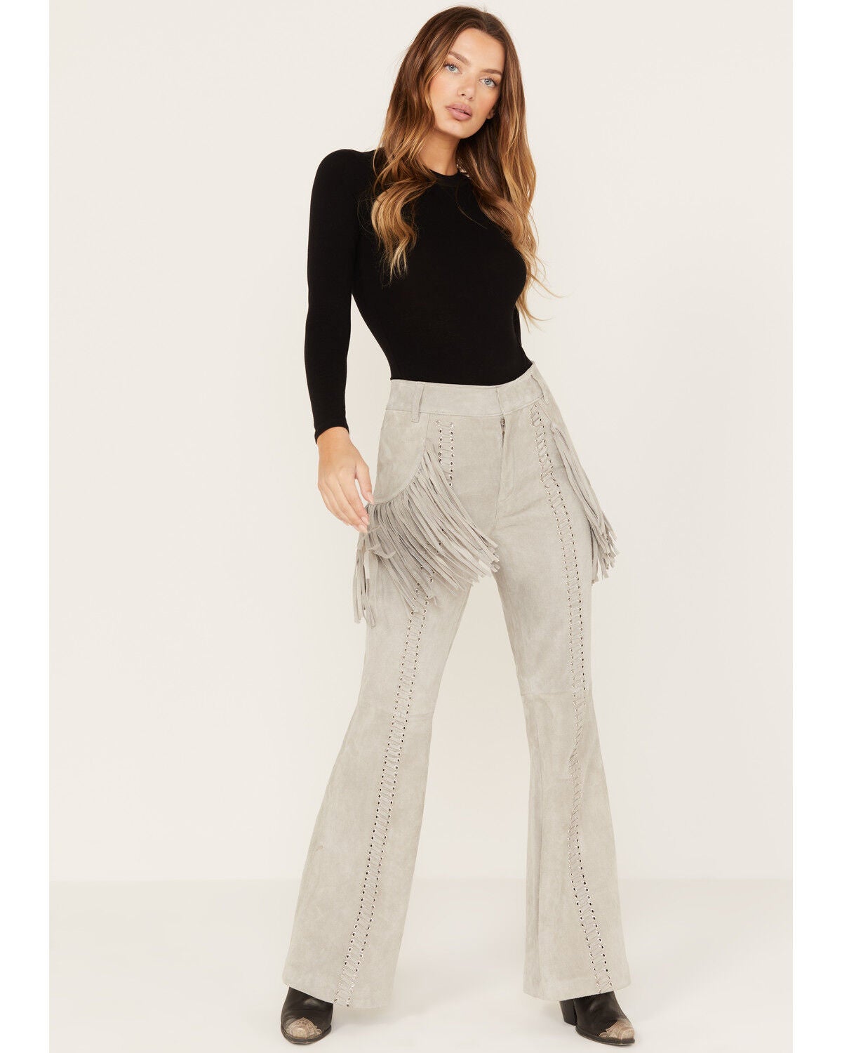 Wonderwest Women's Leather Fringe Pants, Grey, hi-res