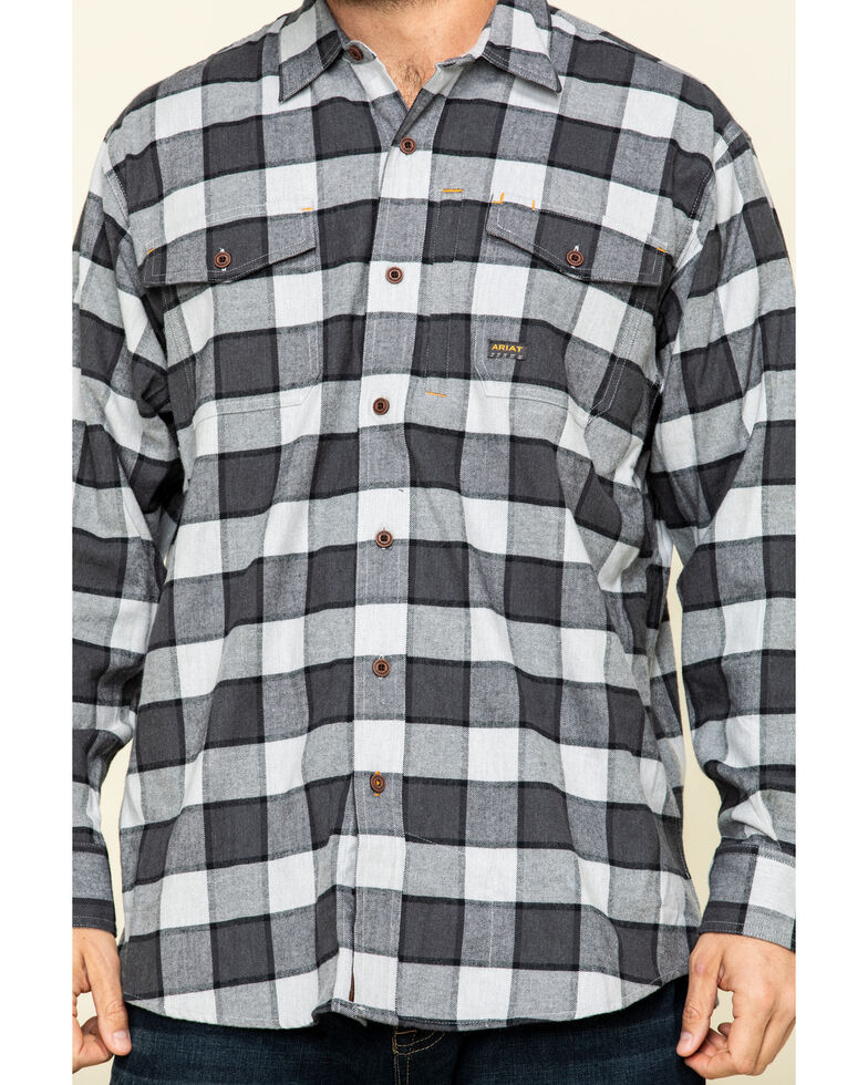Ariat Men's Grey Heather Rebar Flannel Durastretch Plaid Long Sleeve Work Shirt - Tall , Grey, hi-res
