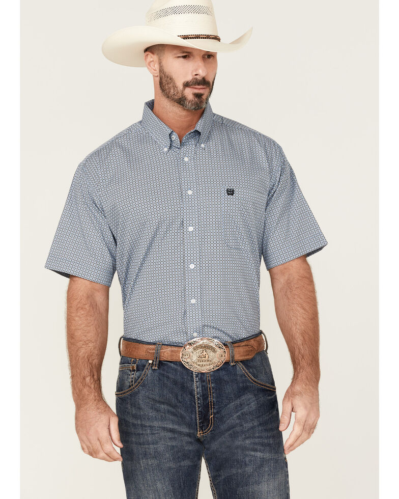 Cinch Men's Square Geo Print Short Sleeve Button-Down Western Shirt , Blue, hi-res