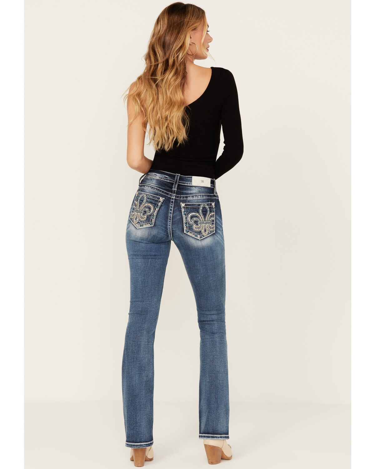 Image #1 - Miss Me Women's Dark Wash Mid Rise Fleur de Lis Bootcut Stretch Denim Jeans, Dark Wash, hi-res
