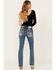 Image #1 - Miss Me Women's Dark Wash Mid Rise Fleur de Lis Bootcut Stretch Denim Jeans, Dark Wash, hi-res
