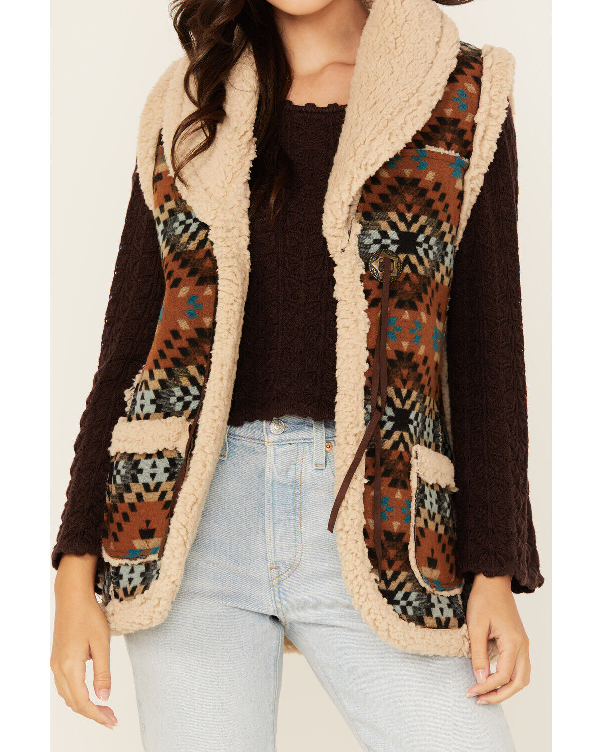 Image #3 - Cotton & Rye Women's Southwestern Print Sherpa Lined Vest, Rust, hi-res