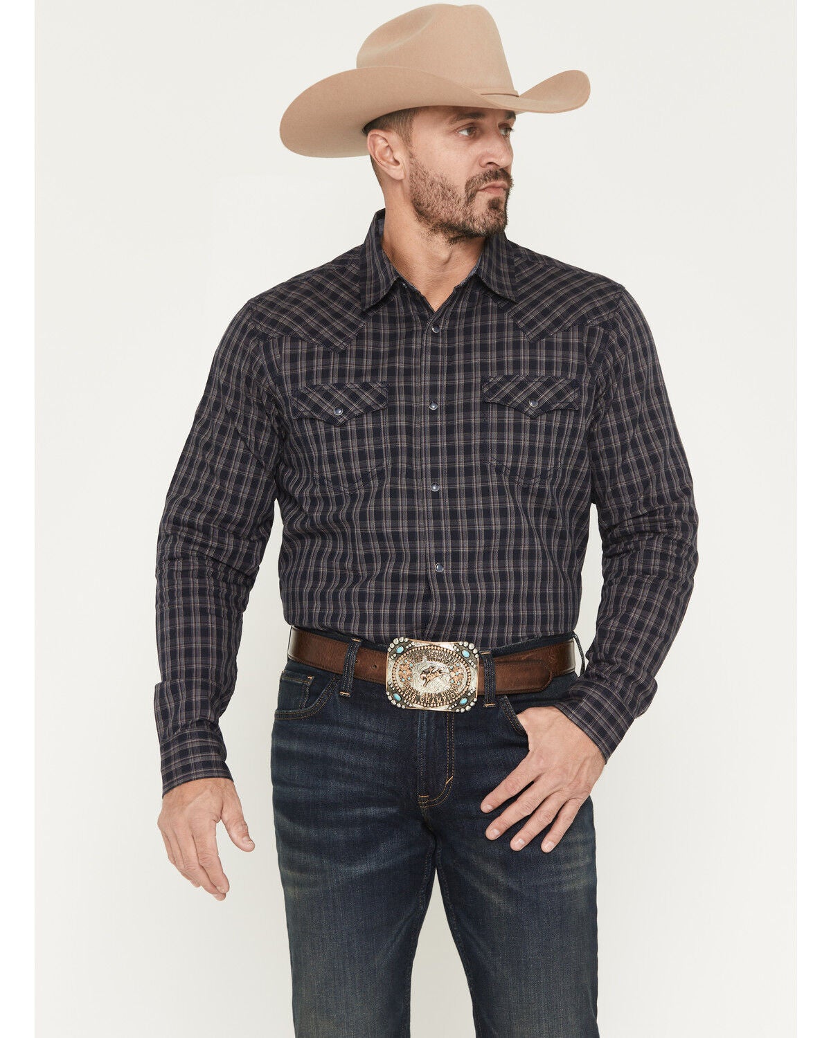 Cody James Men's Redstone Ranch Plaid Print Long Sleeve Snap Western Shirt, Navy, hi-res