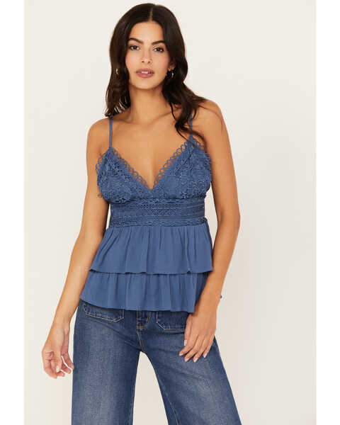Image #1 - Tempted Women's Crochet Tiered Crop Cami, Blue, hi-res