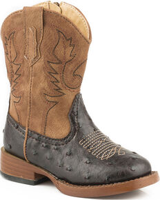 Roper Boys' Ostrich Print Cowboy Boots - Square Toe, Brown, hi-res