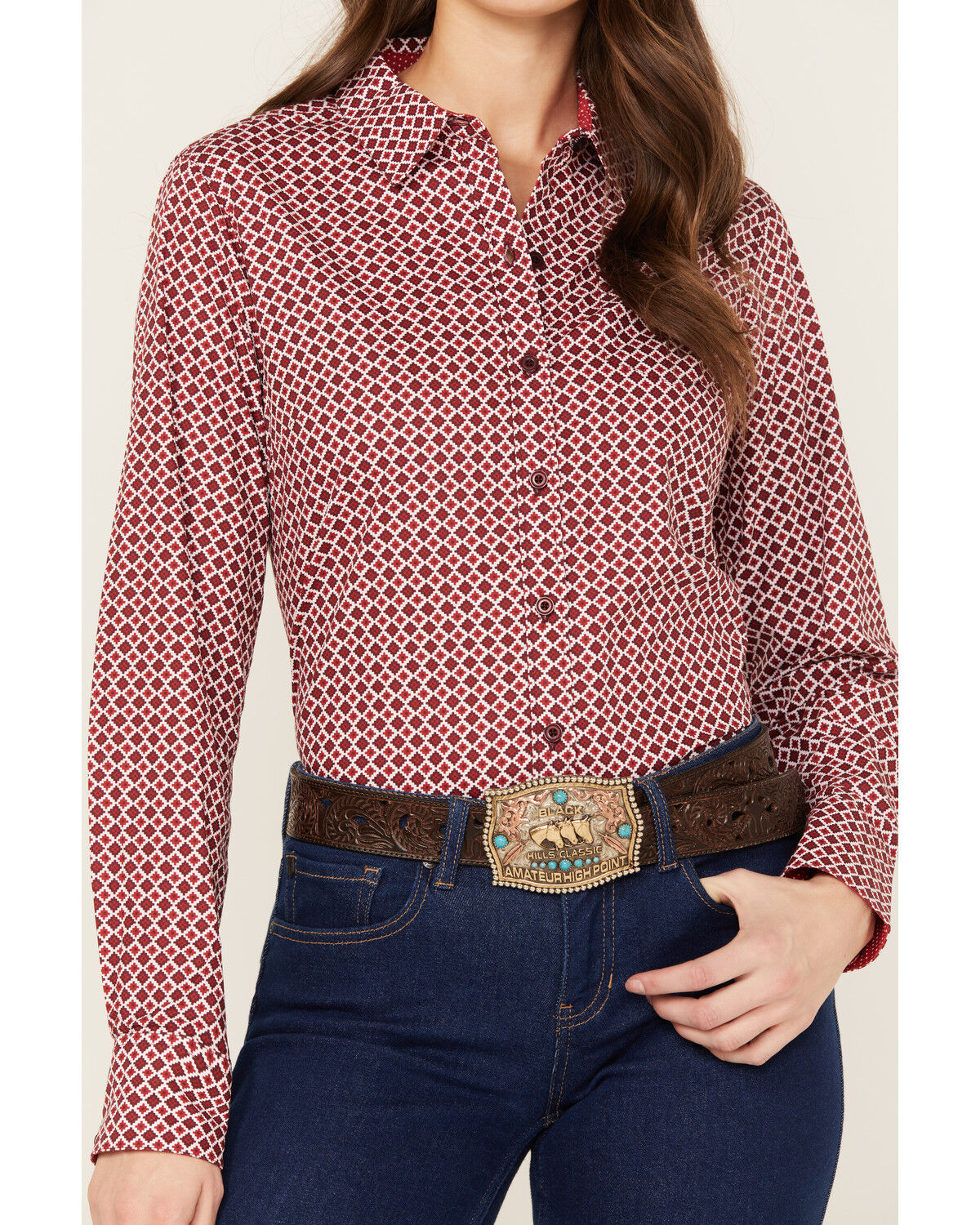 Image #3 - Ariat Women's Geo Team Kirby Long Sleeve Button Down Stretch Western Shirt, Pink, hi-res