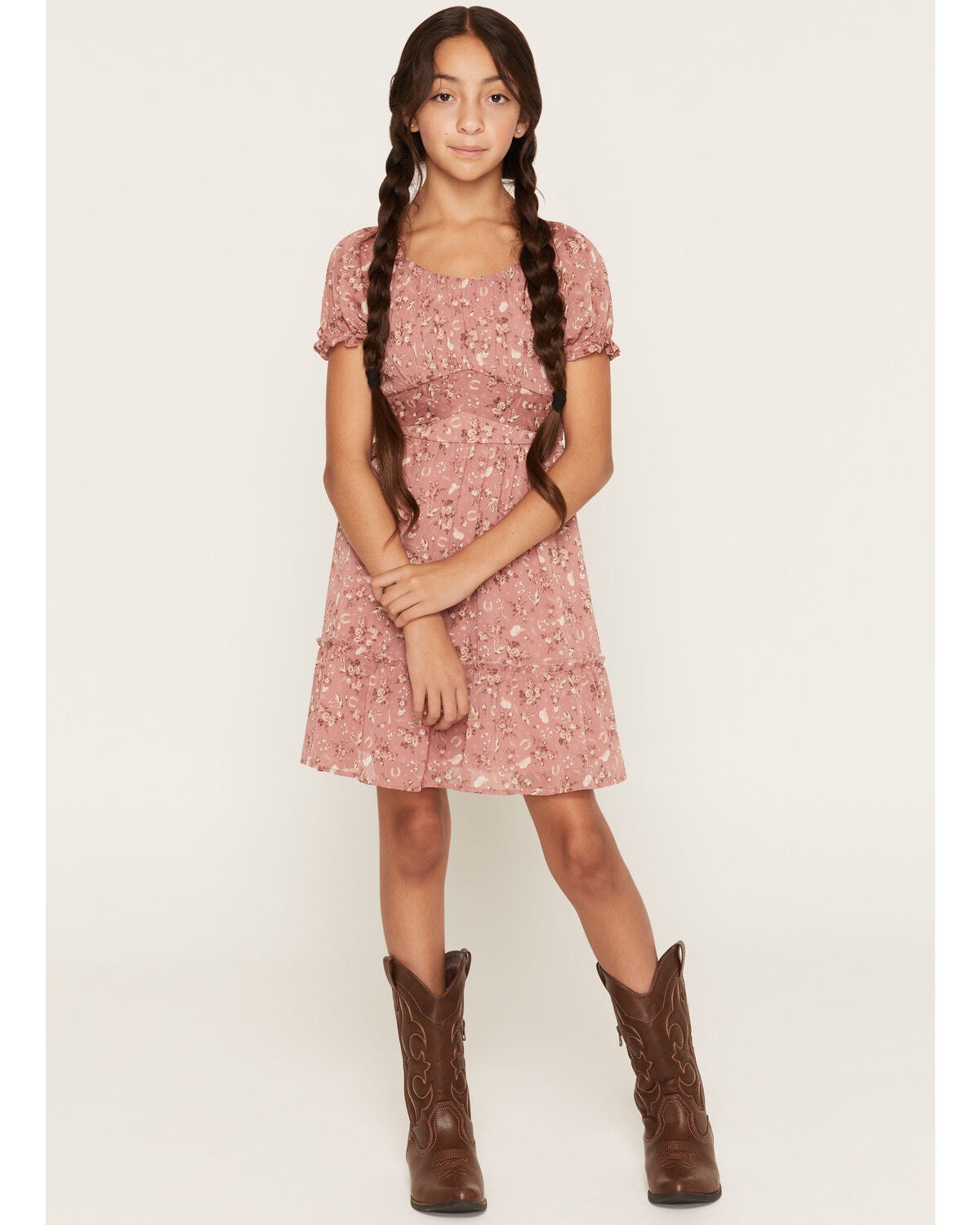 Image #1 - Ash & Violet Girls' Western Floral Print Dress, Pink, hi-res