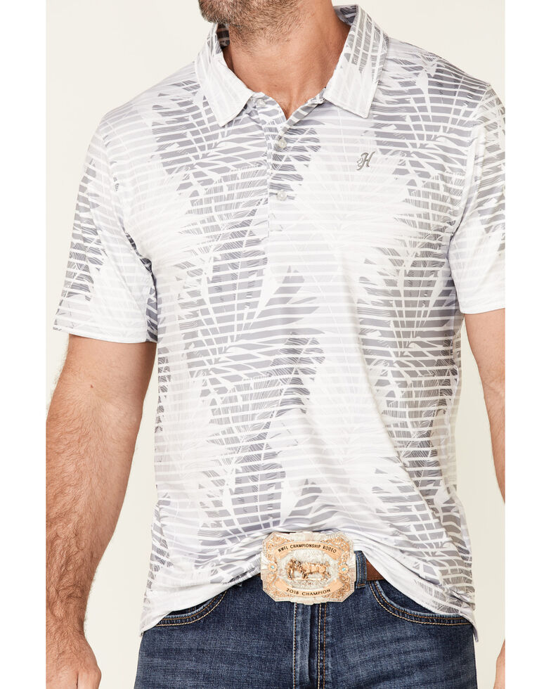 HOOey Men's Grey/White Leaf Print Weekender Short Sleeve Polo Shirt, White, hi-res