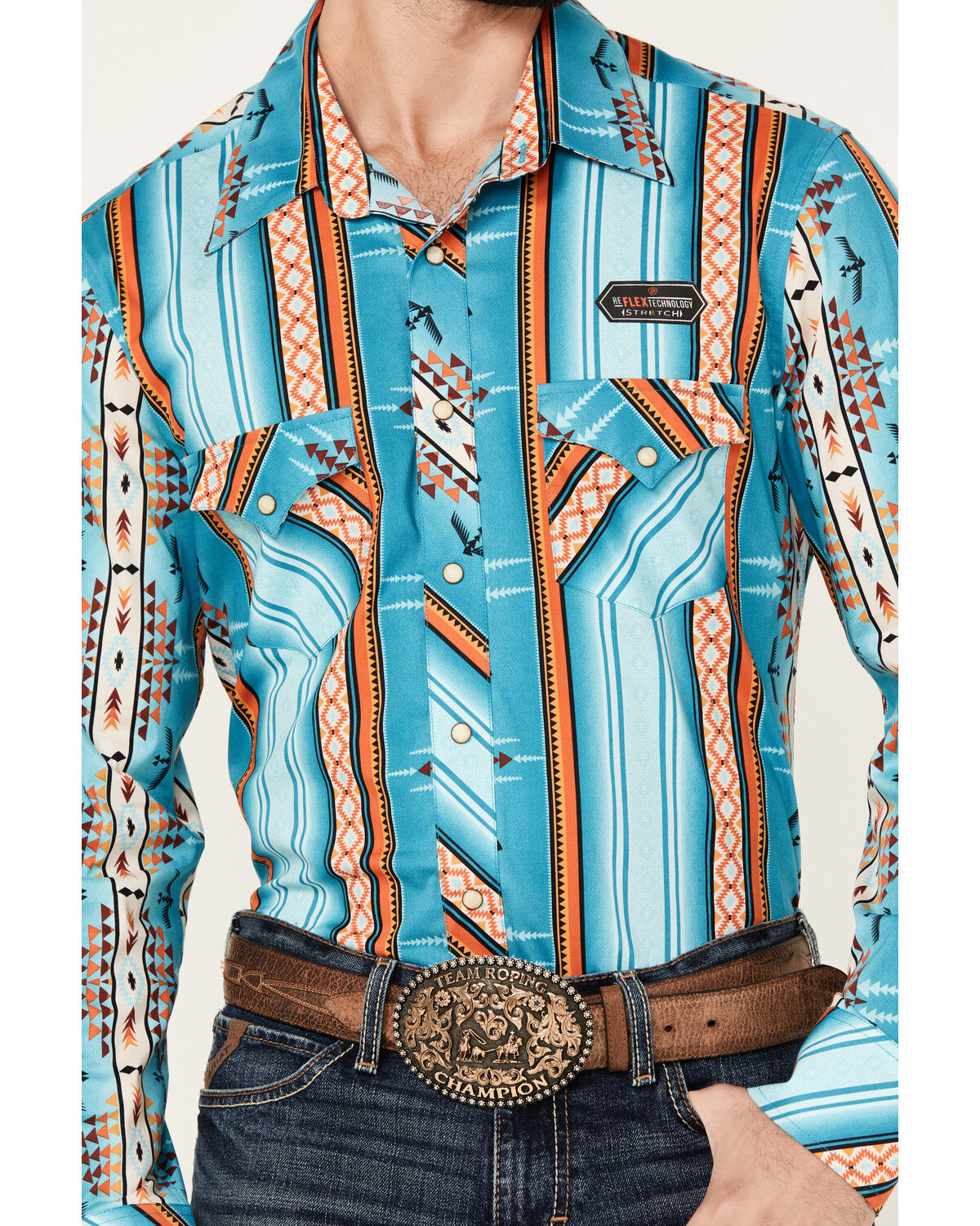 Image #3 - Rock & Roll Denim Men's Southwestern Striped Print Long Sleeve Snap Stretch Western Shirt, Turquoise, hi-res