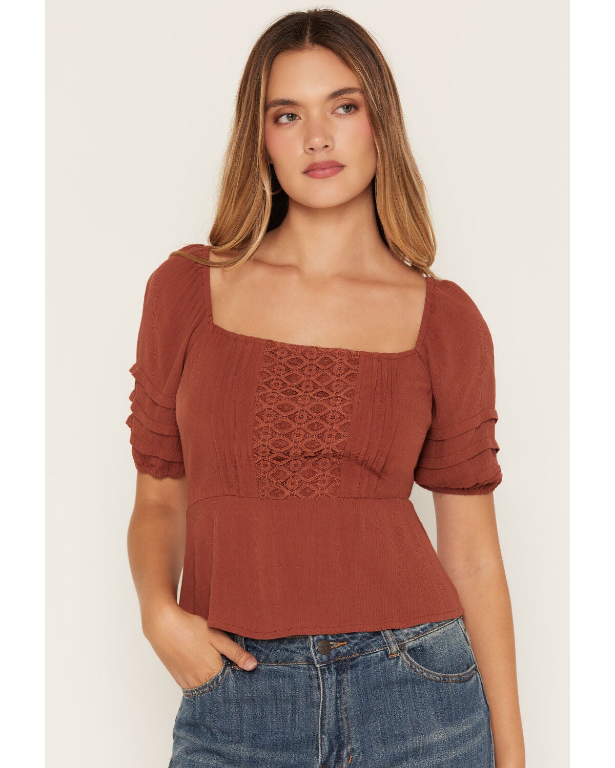 Lovestitch Women's Lace Front Short Sleeve Top, Rust Copper, hi-res
