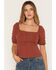 Image #1 - Lovestitch Women's Lace Front Short Sleeve Top, Rust Copper, hi-res