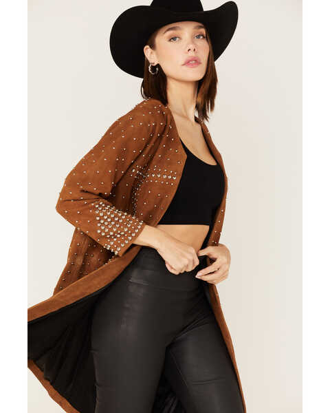 Image #3 - Understated Leather Studded Suede Duster Coat, Tan, hi-res