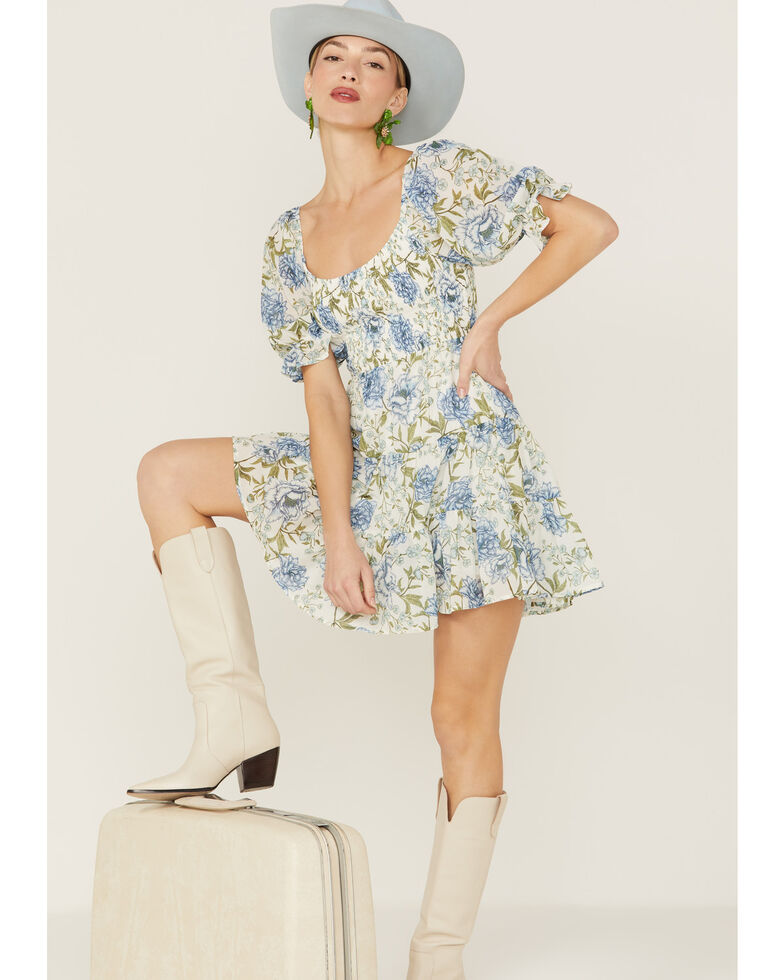 Flying Tomato Women's Floral Smocked Bodice Dress, Blue, hi-res