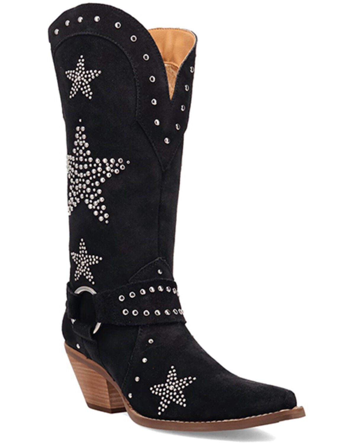 Image #1 - Dingo Women's Lucky Stars Embellished Suede Tall Western Boots - Round Toe, Black, hi-res