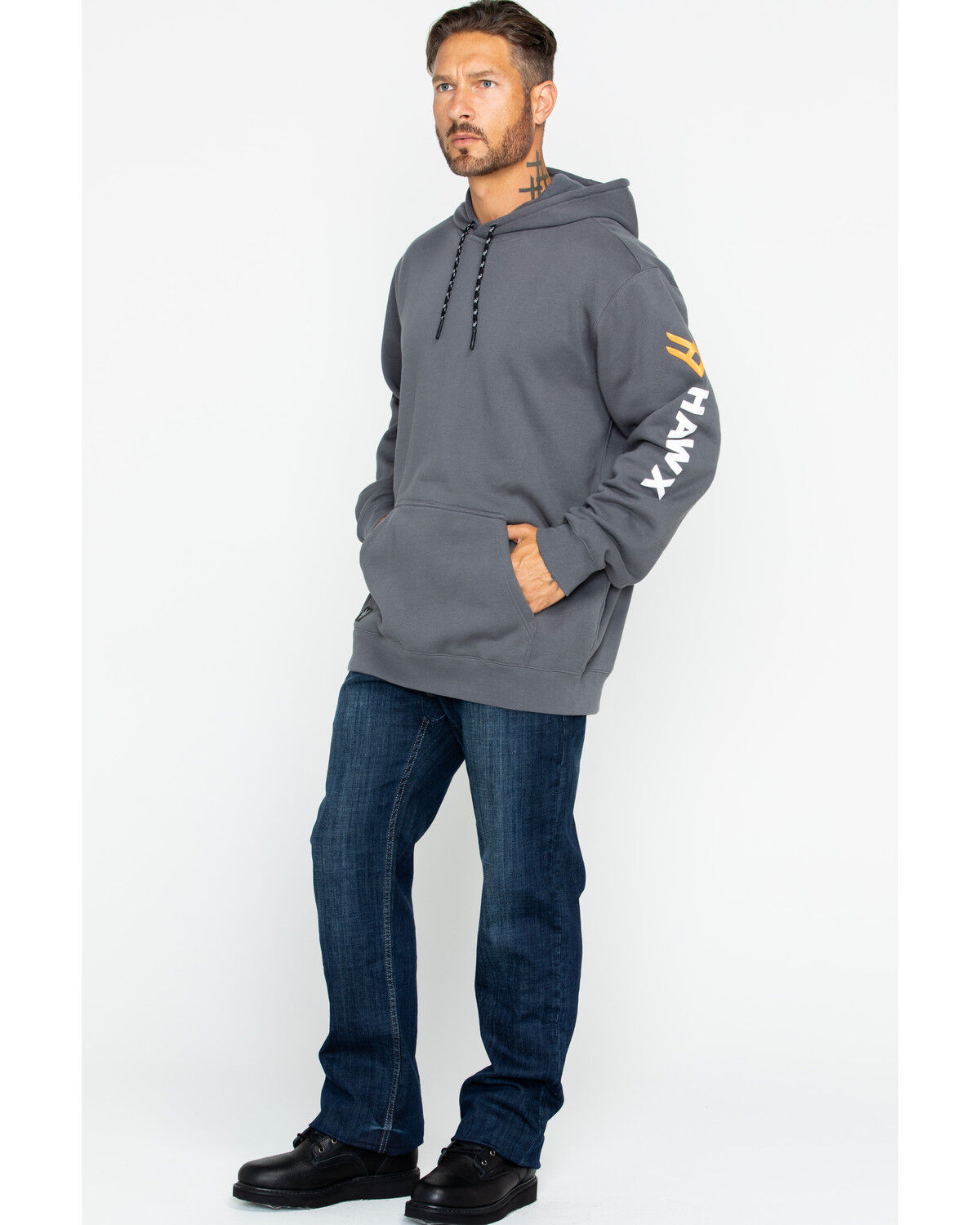 Image #6 - Hawx Men's Logo Sleeve Hooded Work Sweatshirt, Charcoal, hi-res