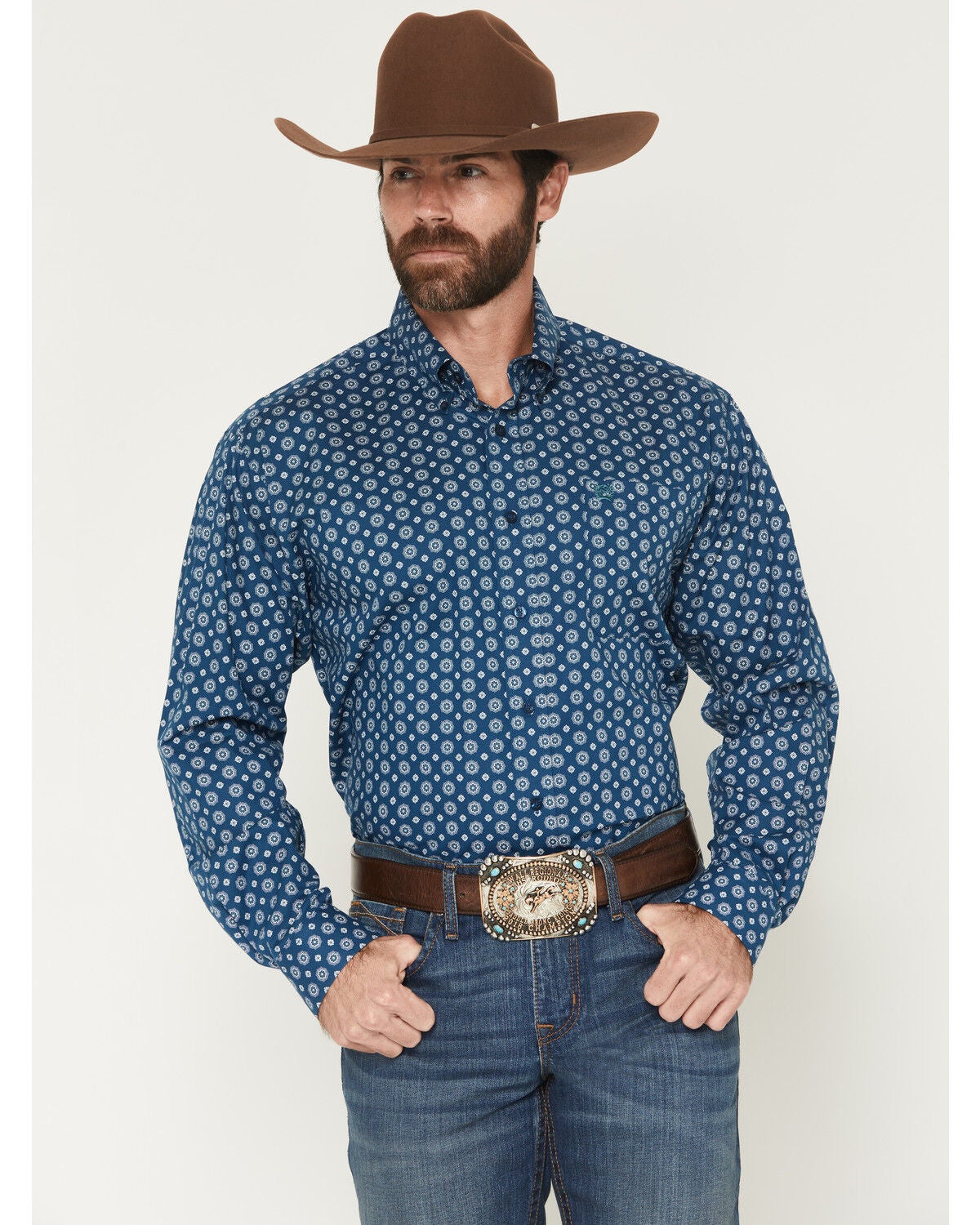 Cinch Men's Floral Geo Print Long Sleeve Button-Down Western Stretch Shirt, Blue, hi-res