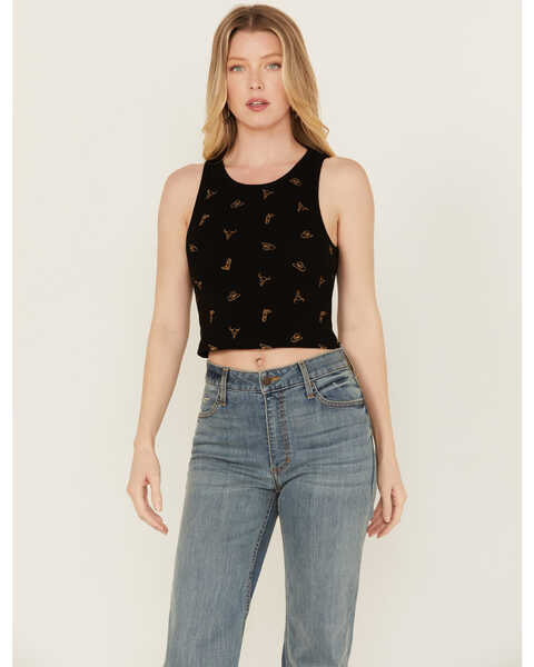 Discreture Women's Western Embroidered Cropped Tank, Black, hi-res