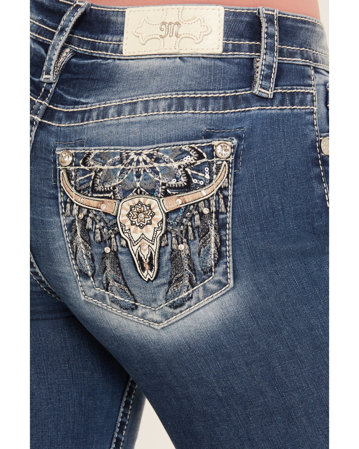 Image #2 - Miss Me Women's Medium Wash Mid Rise Steer Head Bootcut Stretch Denim Jeans, Medium Wash, hi-res