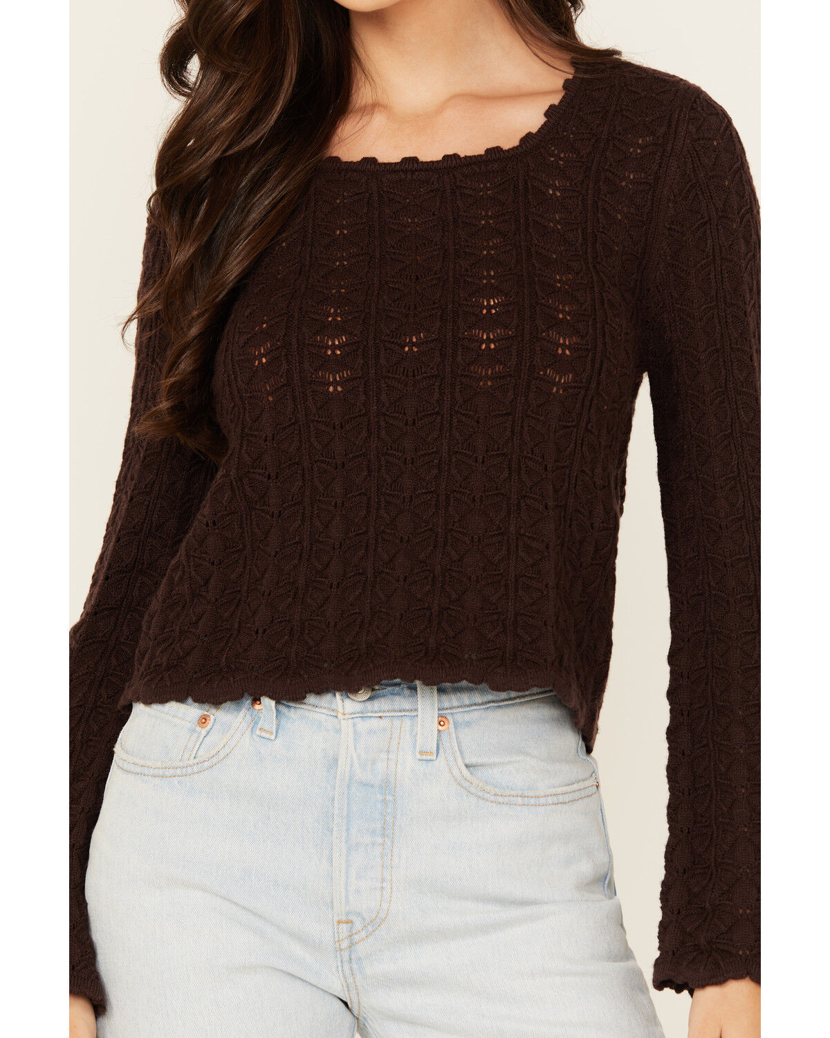 Image #3 - Shyanne Women's Bell Sleeve Pointelle Sweater, Chocolate, hi-res