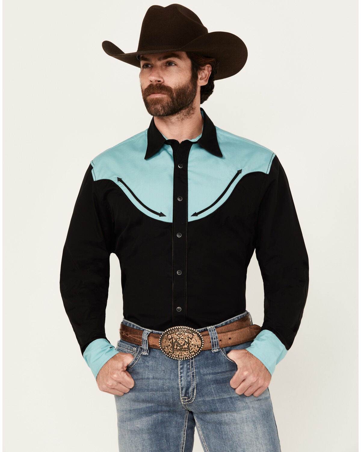 Wrangler Men's Rodeo Ben Solid Long Sleeve Snap Western Shirt, Black, hi-res