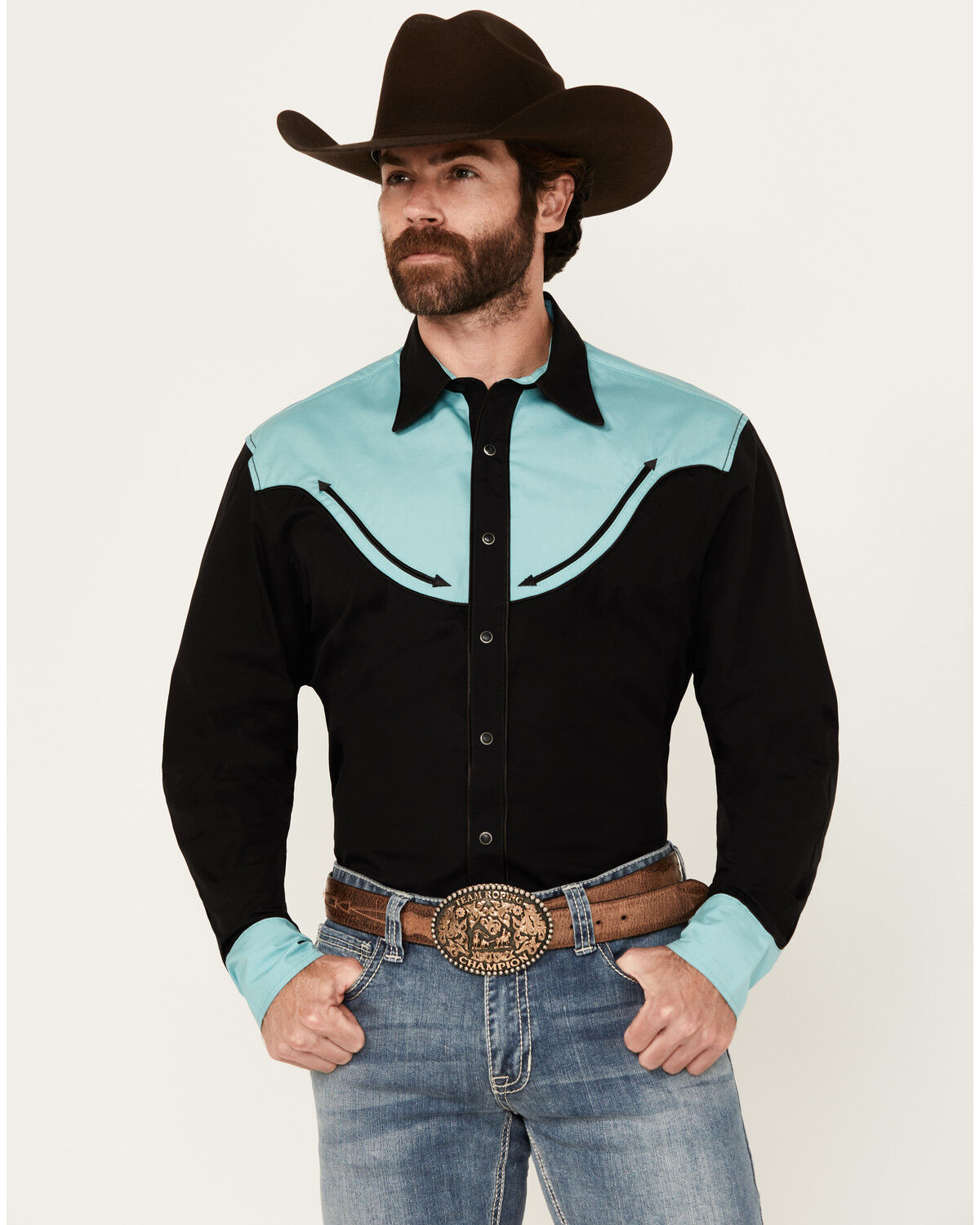 Image #1 - Wrangler Men's Rodeo Ben Solid Long Sleeve Snap Western Shirt, Black, hi-res