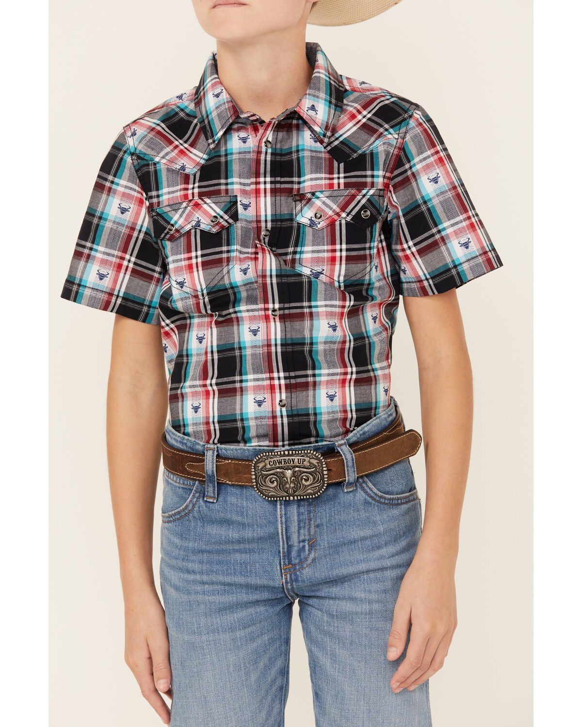 Image #3 - Cody James Boys' Steerhead Plaid Print Short Sleeve Snap Western Shirt, Navy, hi-res