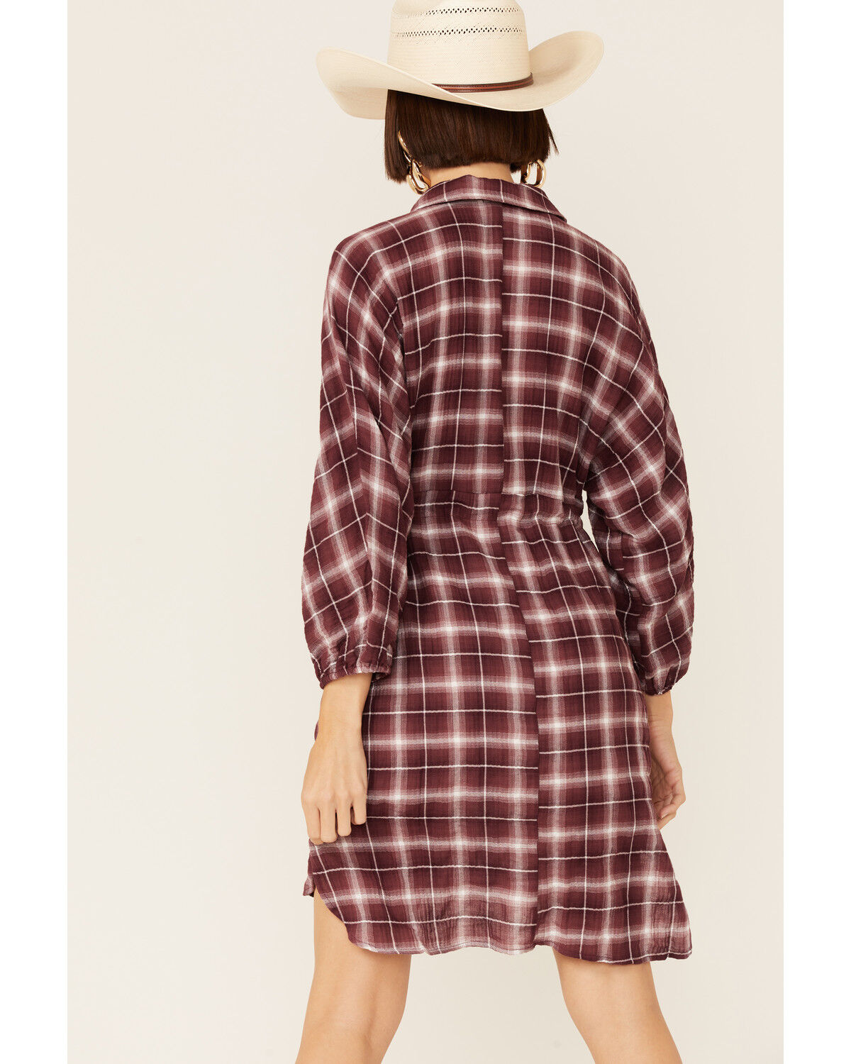 Image #3 - Wild Moss Women's Burgundy Long Sleeve Plaid Shirt Mini Dress, Burgundy, hi-res