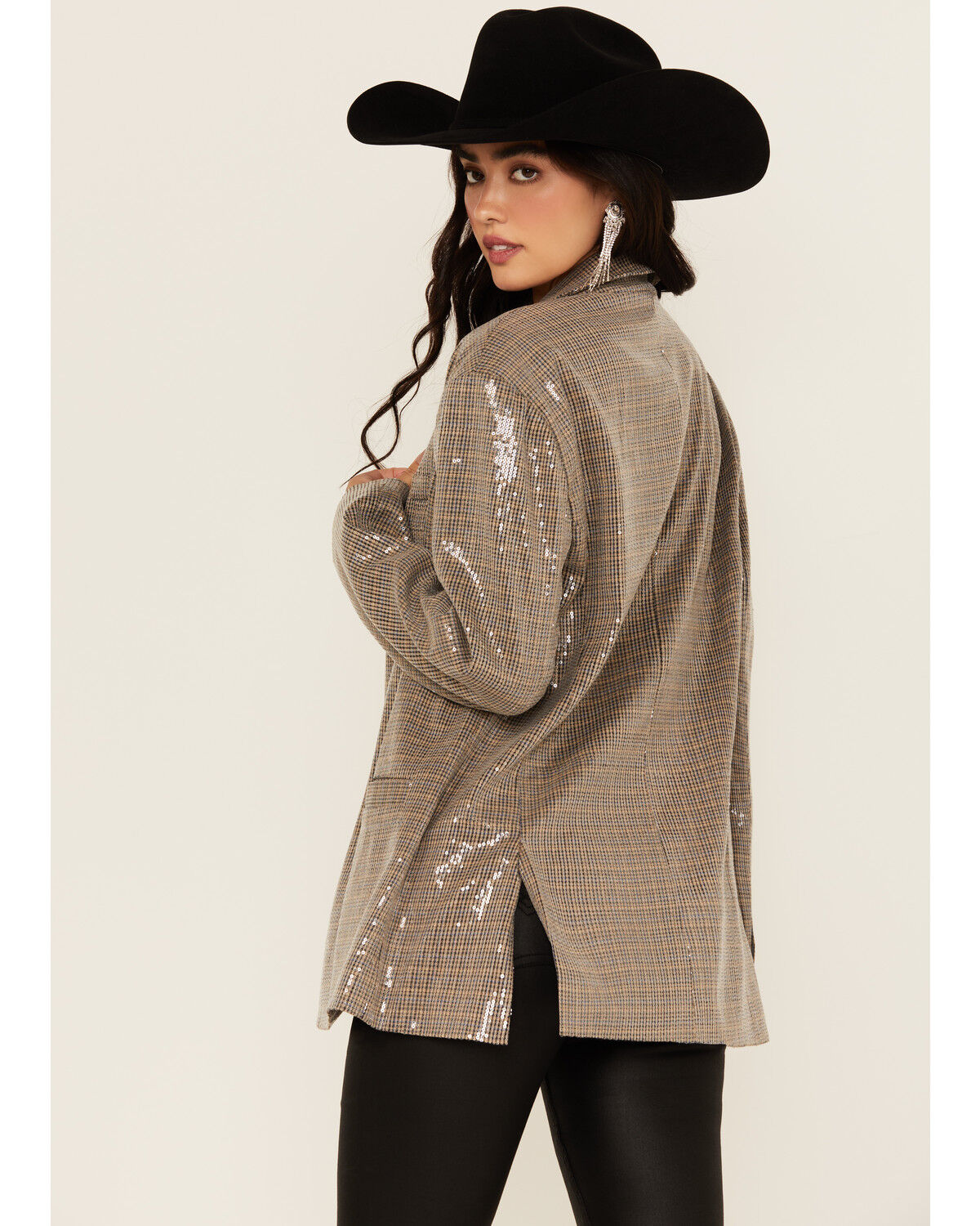 Image #4 - Mystree Women's Plaid Print Sequin Blazer, Grey, hi-res