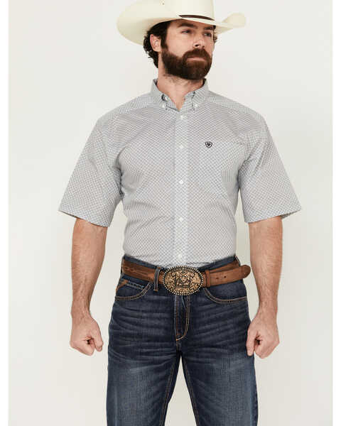 Ariat Men's Bear Mini Geo Print Short Sleeve Button-Down Western Shirt - Big , White, hi-res
