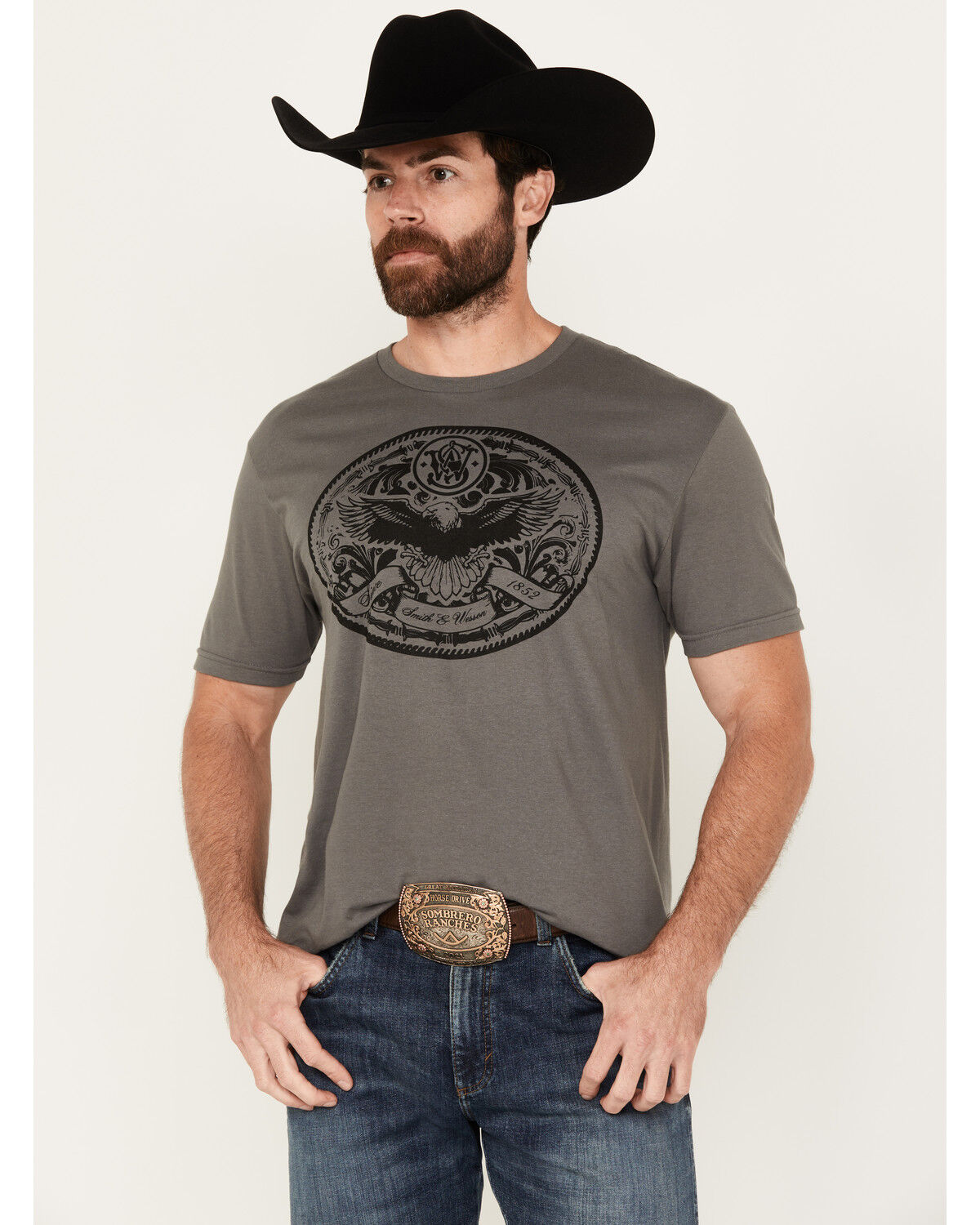 Image #1 - Smith & Wesson Men's Eagle Buckle Short Sleeve Graphic T-Shirt, Grey, hi-res