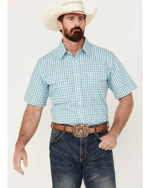 Panhandle Men's Plaid Print Short Sleeve Pearl Snap Western Shirt , Blue, hi-res