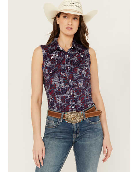 Image #1 - Rough Stock by Panhandle Women's Distressed Handkerchief Sleeveless Pearl Snap Shirt, Navy, hi-res