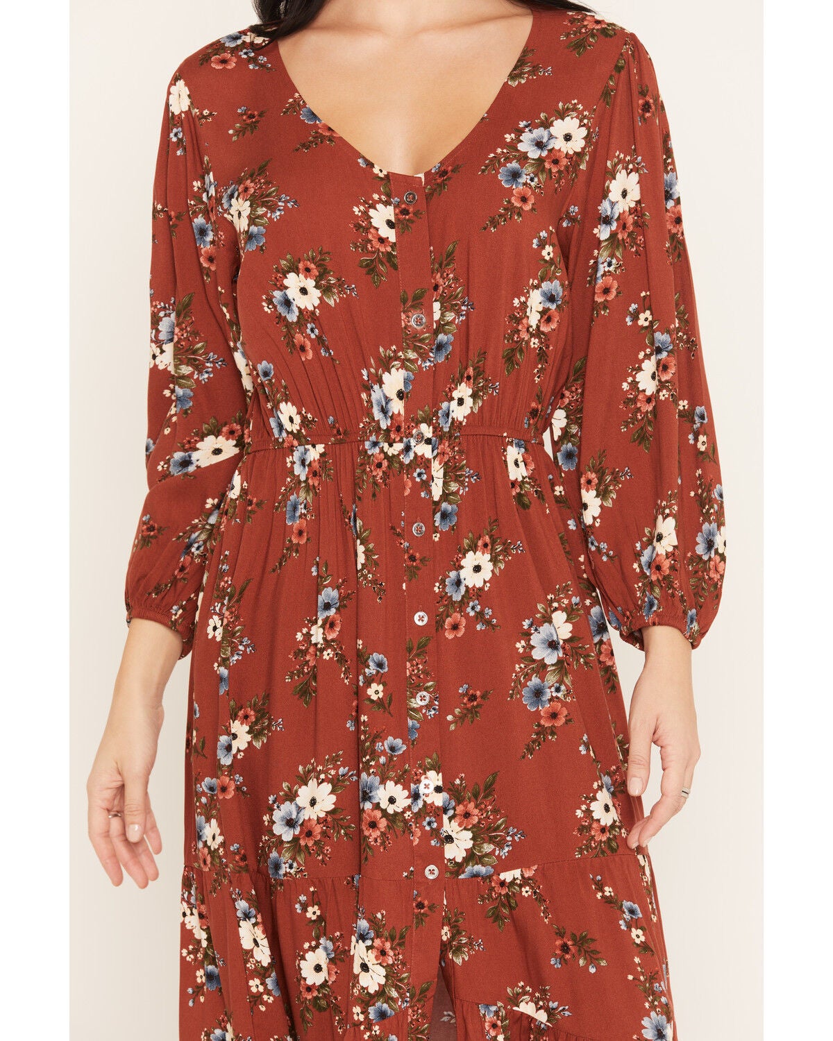 Image #3 - Cotton & Rye Women's Boot Barn Exclusive Floral Print Button-Front High-Low Midi Dress, Brown, hi-res