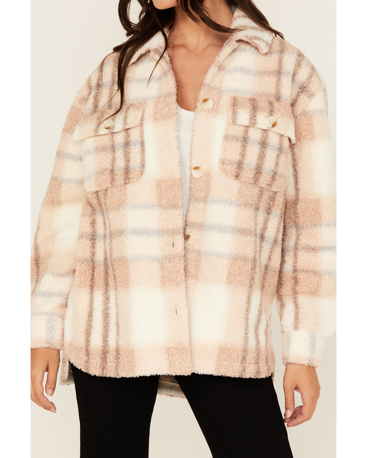 Image #3 - 26 International Women's Plaid Print Sherpa Shacket, Tan, hi-res