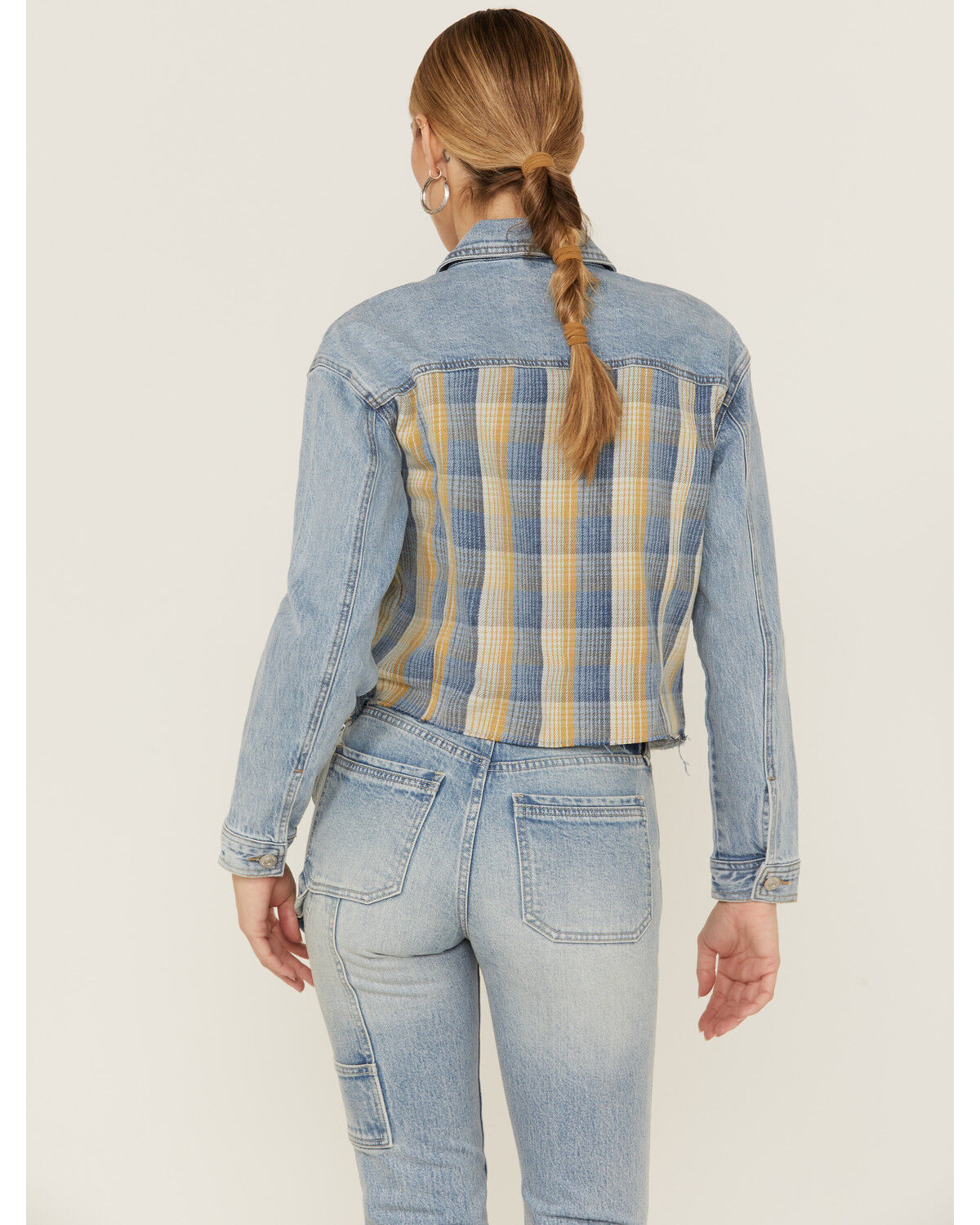 Image #3 - Cleo + Wolf Women's Oversized Plaid Mix Denim Cropped Jacket, Light Medium Wash, hi-res