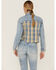 Image #3 - Cleo + Wolf Women's Oversized Plaid Mix Denim Cropped Jacket, Light Medium Wash, hi-res