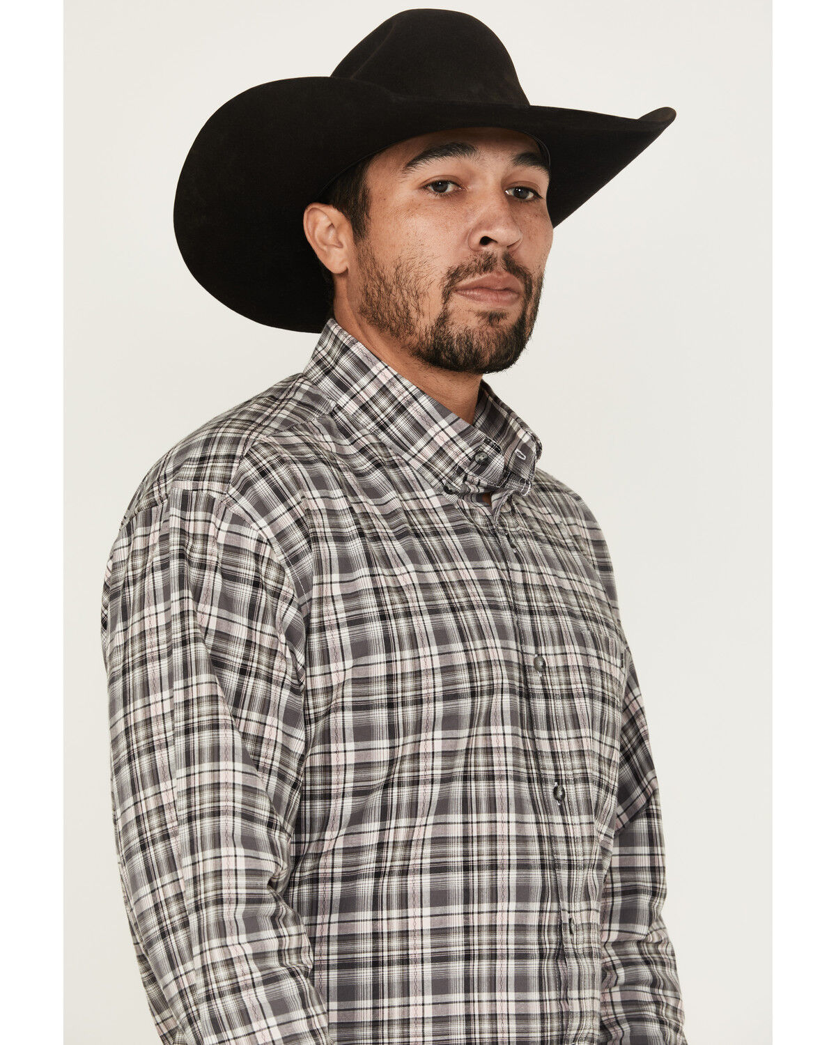 Image #2 - Wrangler Men's Bucking Cancer Plaid Print Long Sleeve Button-Down Western Shirt, Black, hi-res